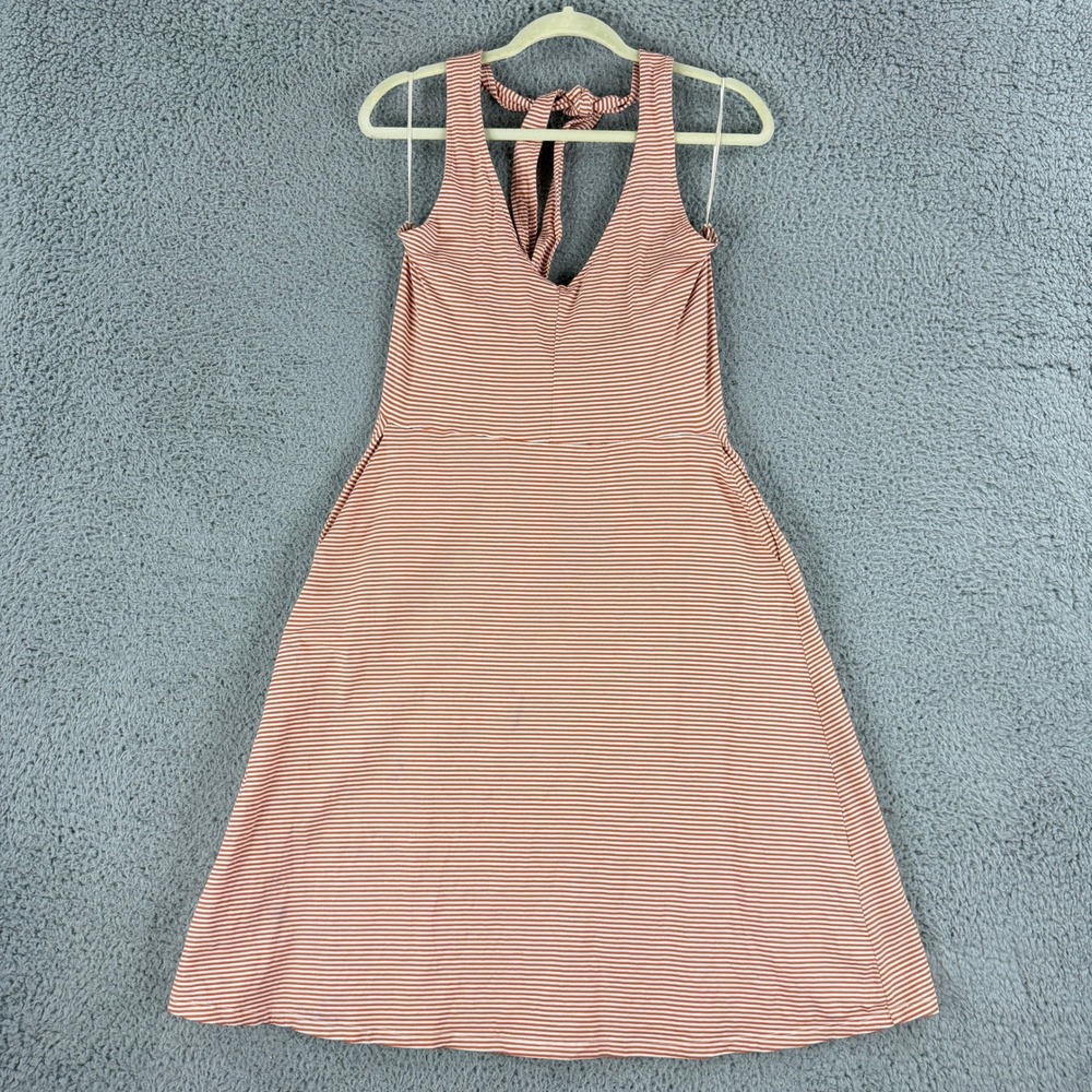 Pact Dress Womens L Orange Stripe Organic Cotton Halter Midi Pockets Fit Flare